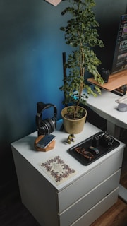 Q-version trendy figurines arranged on a desk beside gaming gear and plants.