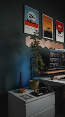 A modern workspace featuring a white desk with a monitor displaying various websites. On the desk, there is a small potted plant, a camera, and a wooden geometric object. Above the desk, there are three framed posters related to racing or cars. The room has a dark, moody ambiance with artistic wall decor and lighting.