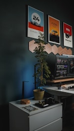 A modern workspace featuring a white desk with a monitor displaying various websites. On the desk, there is a small potted plant, a camera, and a wooden geometric object. Above the desk, there are three framed posters related to racing or cars. The room has a dark, moody ambiance with artistic wall decor and lighting.