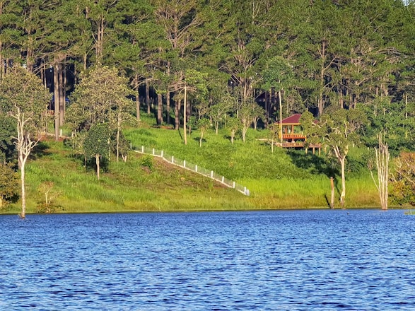 A serene lakeside view with cozy resort cabins nestled among tall trees at sunset.