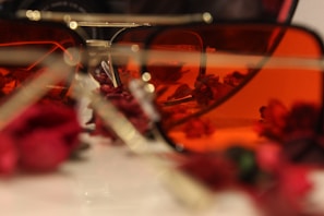 A pair of chic, earth-toned sunglasses placed beside dried flowers