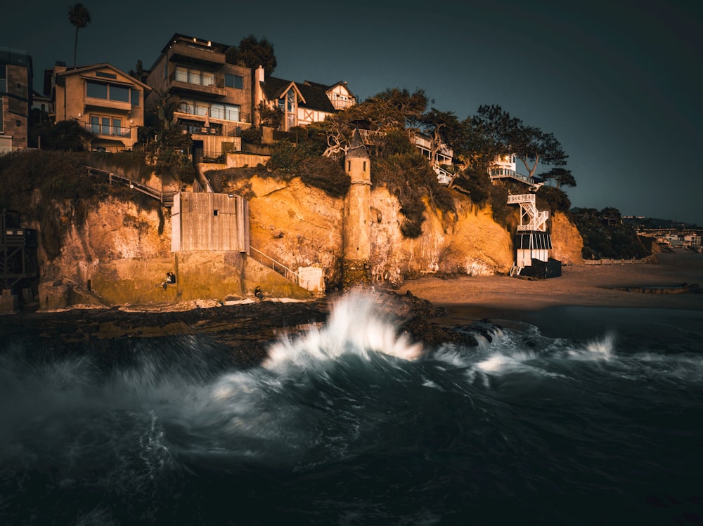 a waterfall and a building