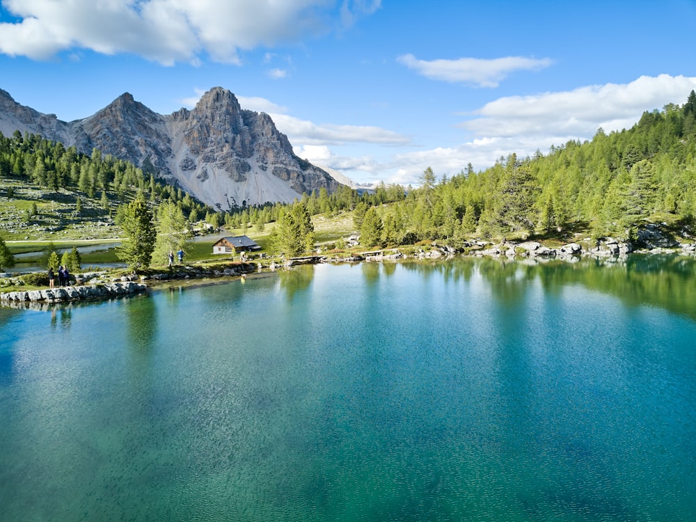 a lake with trees and mountains in the background