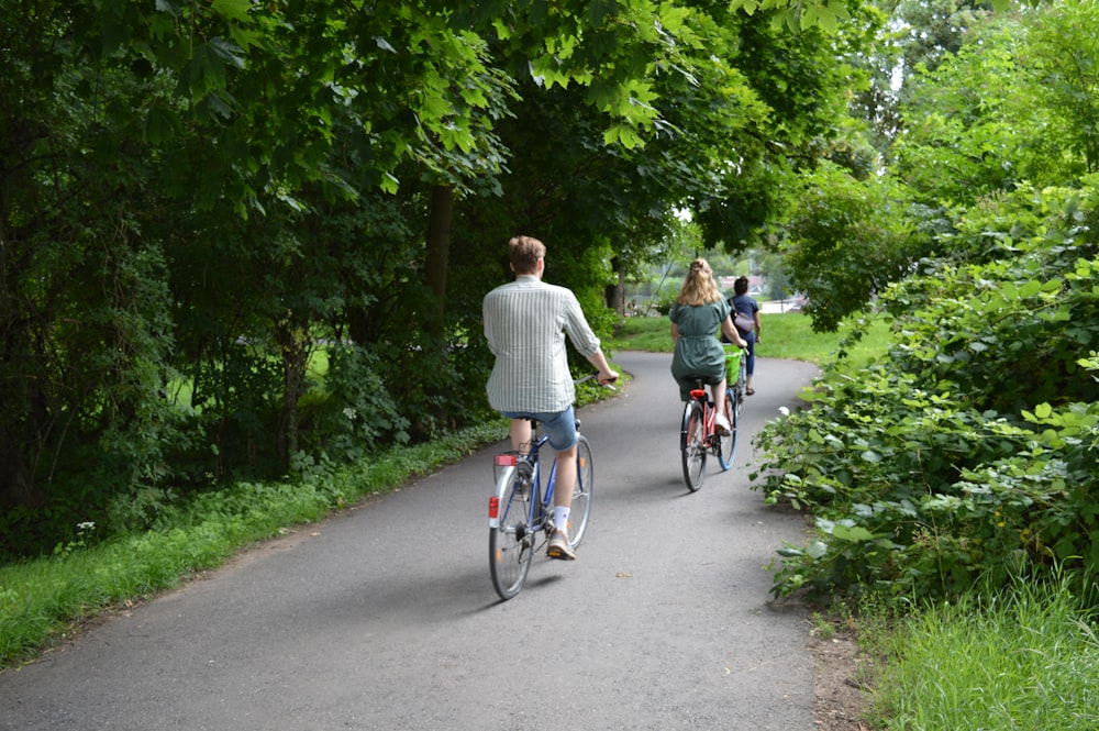 a group of people riding bikes on a path in the woods