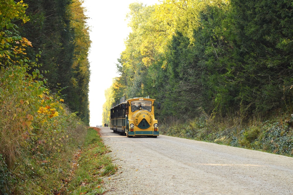 a bus travels down a road