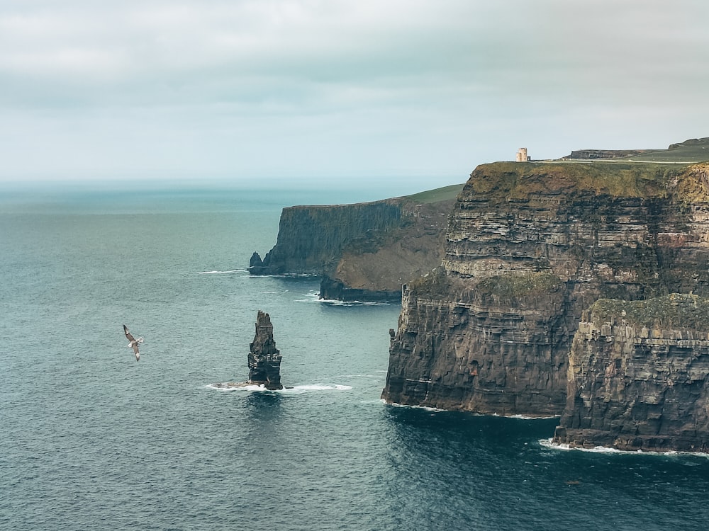 a cliff with a body of water below with Cliffs of Moher in the background