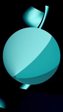 A large teal sphere with smooth gradients is positioned against a dark background. Subtle reflections and shadows enhance its three-dimensional appearance. Curved teal elements intersect and float around the sphere, adding a sense of motion and fluidity.