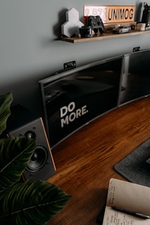 A desktop setup with a motivational message displayed on a wide computer monitor. The monitor is placed on a wooden desk alongside a speaker and a notebook containing handwritten notes. Above the desk, a shelf holds various items including a toy car, a gaming controller, and a series of hexagonal objects. Potted plant leaves slightly encroach into the frame from the left.