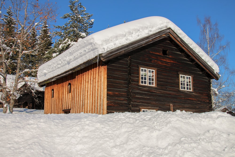 a wooden cabin in the snow