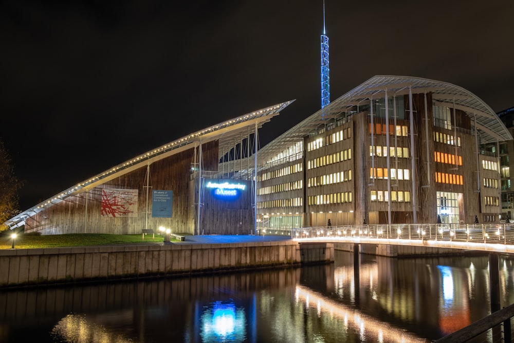 a building with a bridge over water