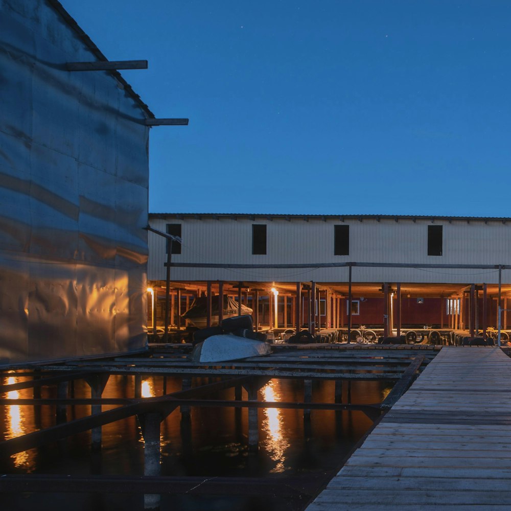 a building with a pool in front