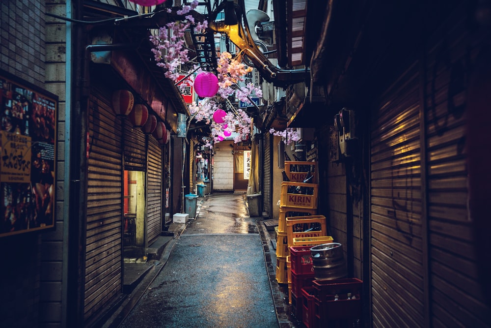 a narrow alleyway with shops