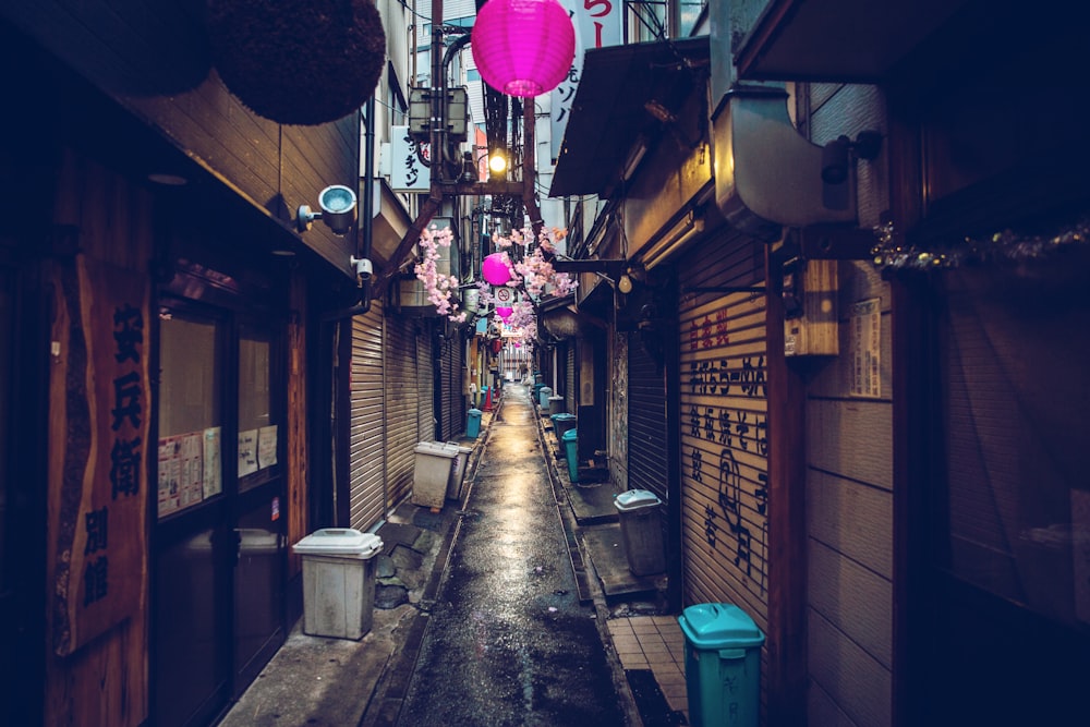 a narrow alleyway with lanterns from the ceiling