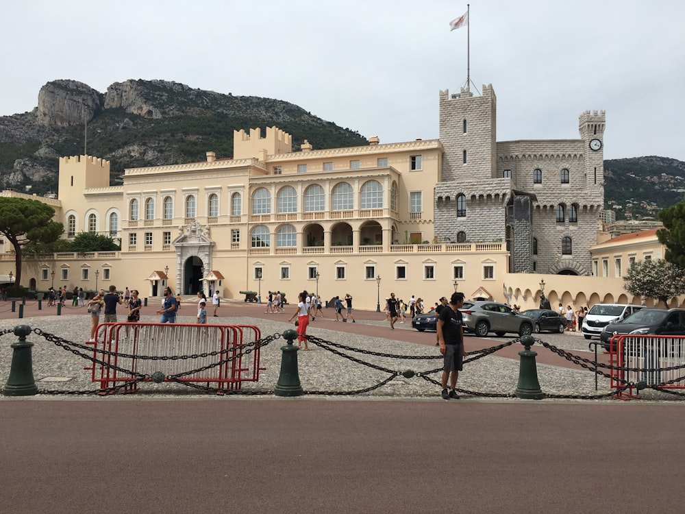 a large building with a flag on top