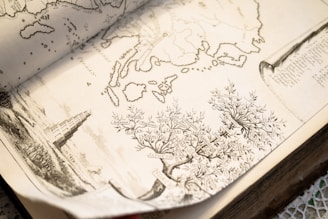 An old book open to a detailed illustration of an ancient map with labeled regions and a depiction of a tree with names inscribed on its branches. A sketch of a building, resembling a tower, is on the left side of the image.