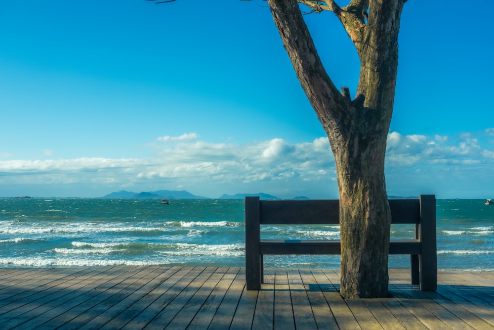 a bench next to a tree on a beach