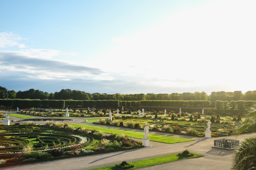 a cemetery with a large green field