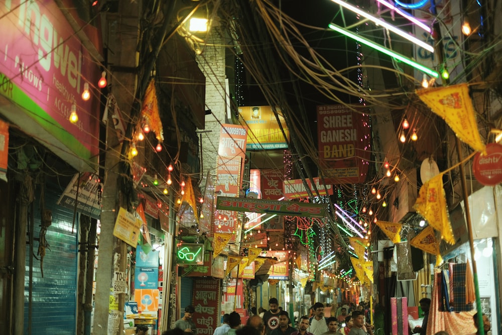 a busy street with many signs