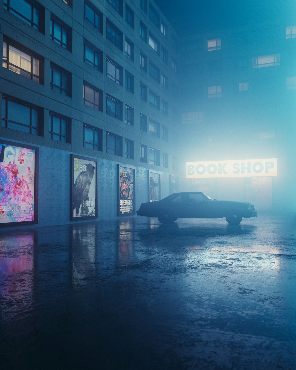 a car parked in front of a building with a sign on it