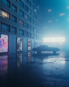 A misty urban scene with a silhouette of a car parked in front of a building. The building is adorned with various posters and has illuminated windows, suggesting a late evening or early night setting. A glowing 'Book Shop' sign is visible, casting a soft light through the fog. The wet pavement reflects the ambient lights and posters from the side of the building.