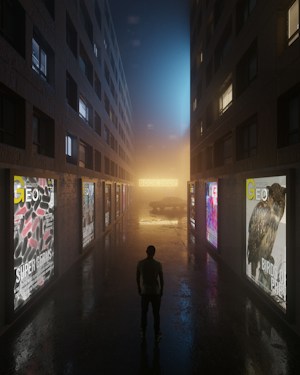 A dark, narrow alleyway flanked by tall buildings with illuminated posters on the walls. A single figure stands in the foreground, silhouetted against the wet, reflective surface of the alley. In the distance, a car is parked under a hazy light cast by a neon sign that reads 'Bookshop'. The atmosphere is misty, with a blue and orange glow creating a mysterious mood.