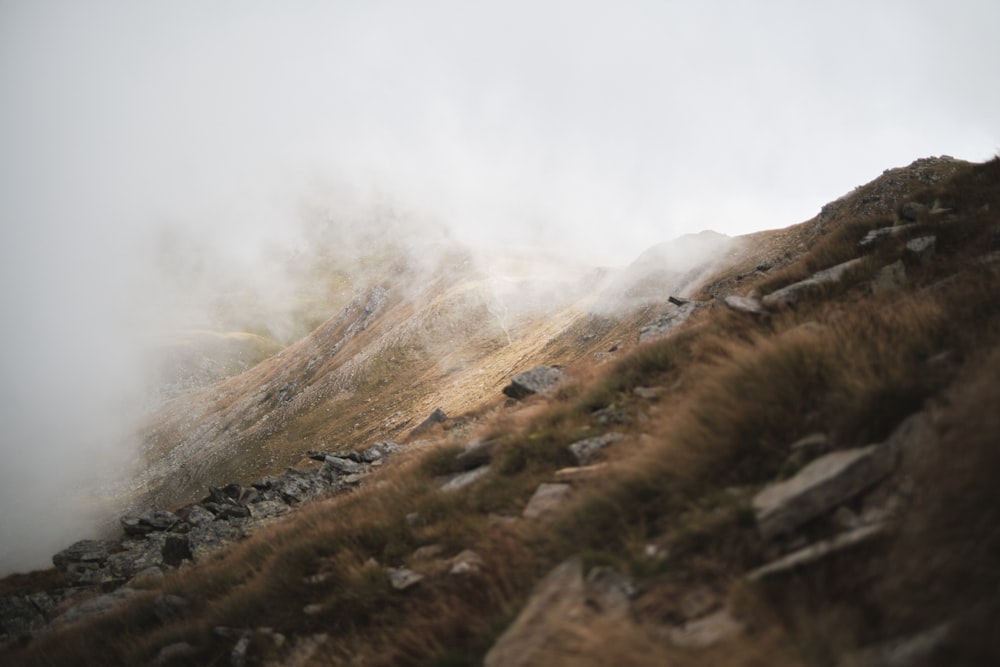 a rocky hillside with fog