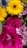 A vibrant bouquet of flowers featuring bright yellow daisies, magenta roses, and bi-colored purple and white carnations. The arrangement includes an exquisite blue thistle, adding texture and contrast. The composition is rich in color and texture, showcasing various floral shapes and sizes.