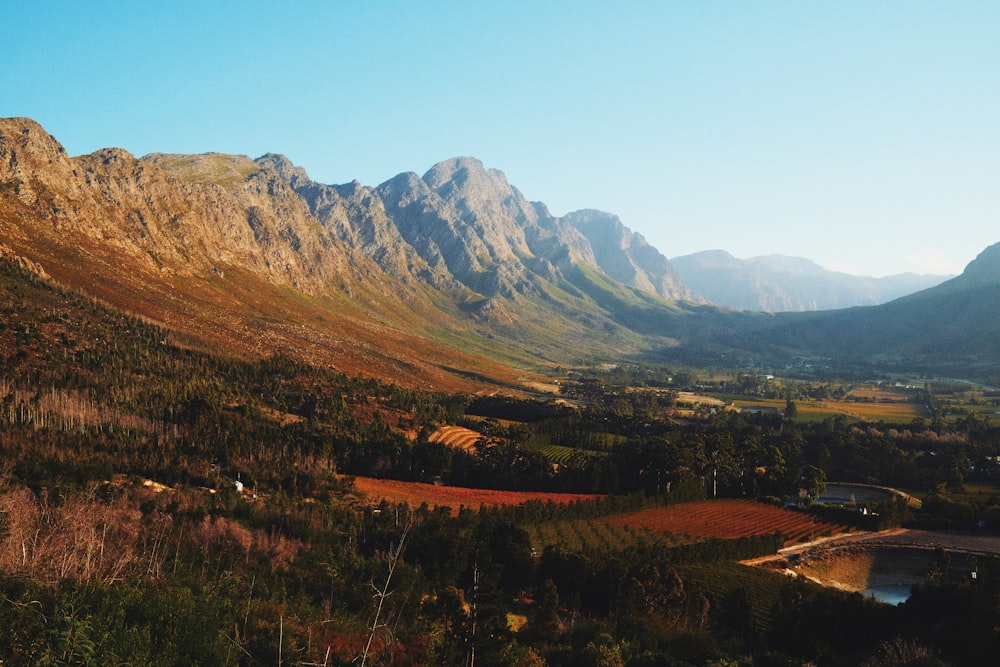 a valley with mountains in the background