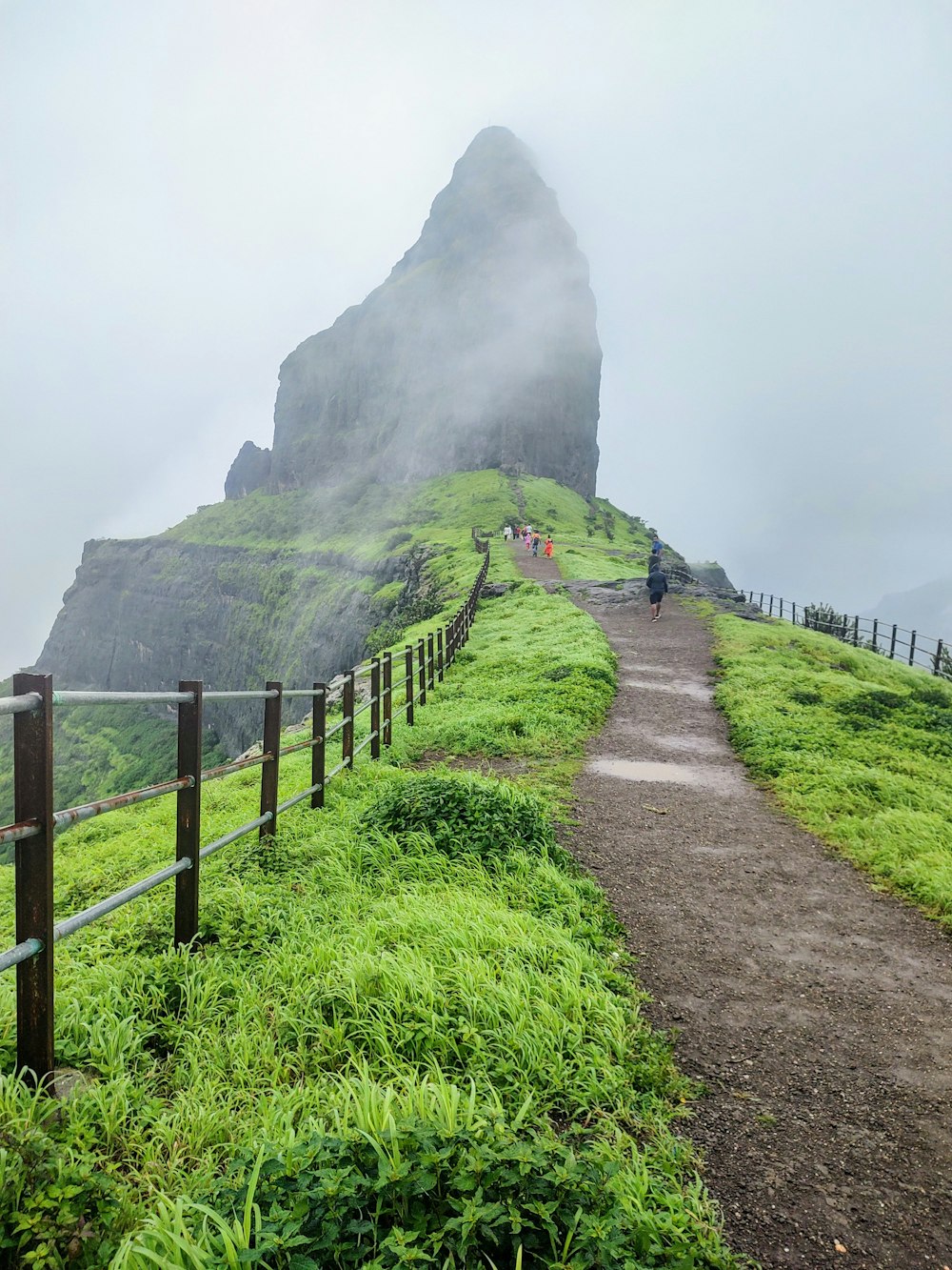 a path with a fence and a mountain in the background