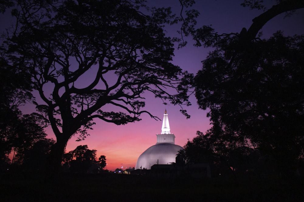 a white building with a dome and trees in the foreground