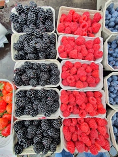 A variety of fresh berries arranged in cartons, including blackberries, raspberries, strawberries, and blueberries. Each type is neatly organized in individual compartments on a table. The vibrant colors of the berries create an appealing visual display.