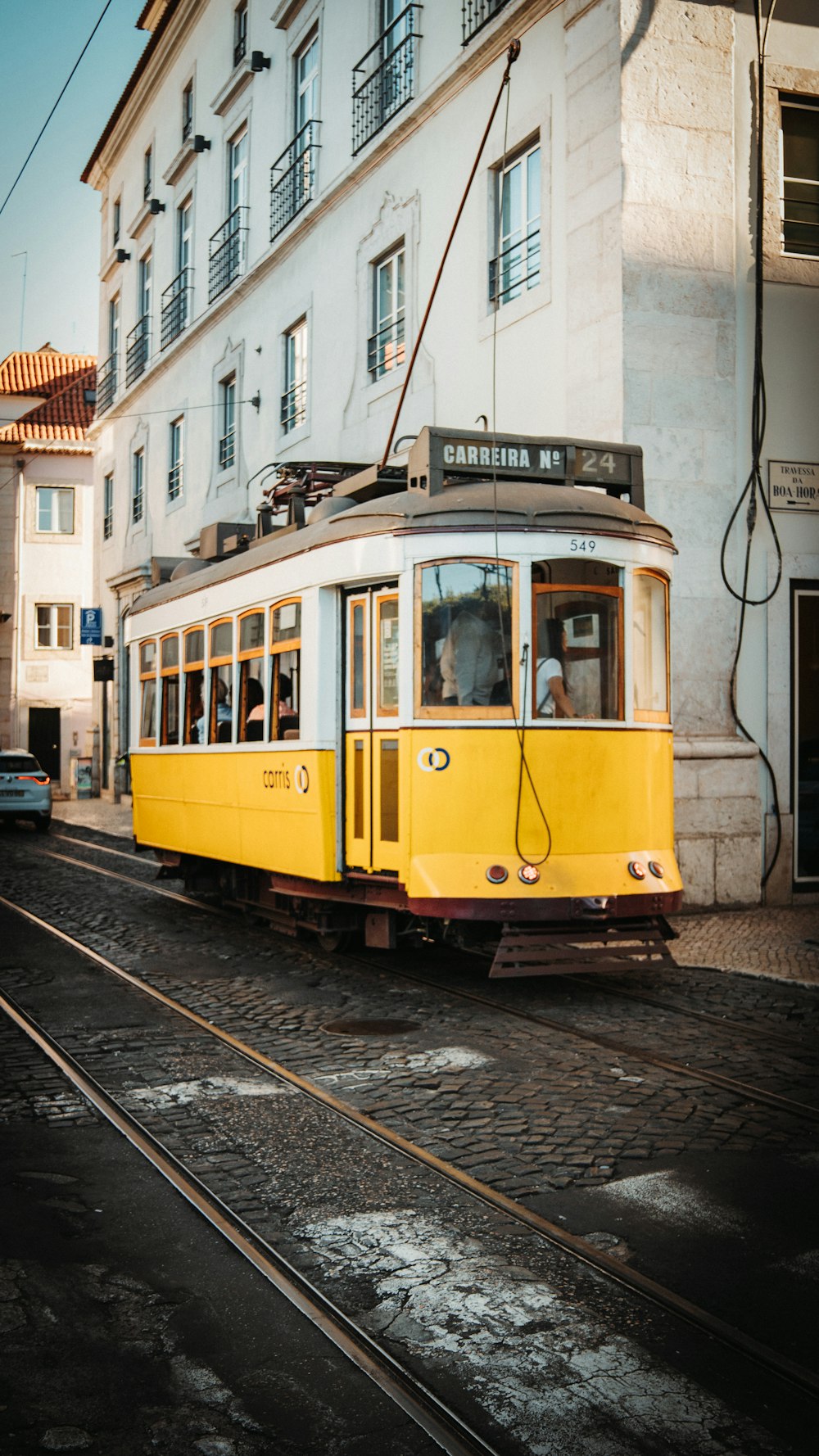 a train travels down the tracks