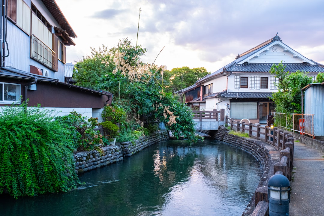 a river with buildings along it,