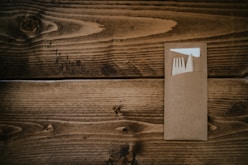 A wooden surface with a brown envelope containing a plastic fork and a white napkin.