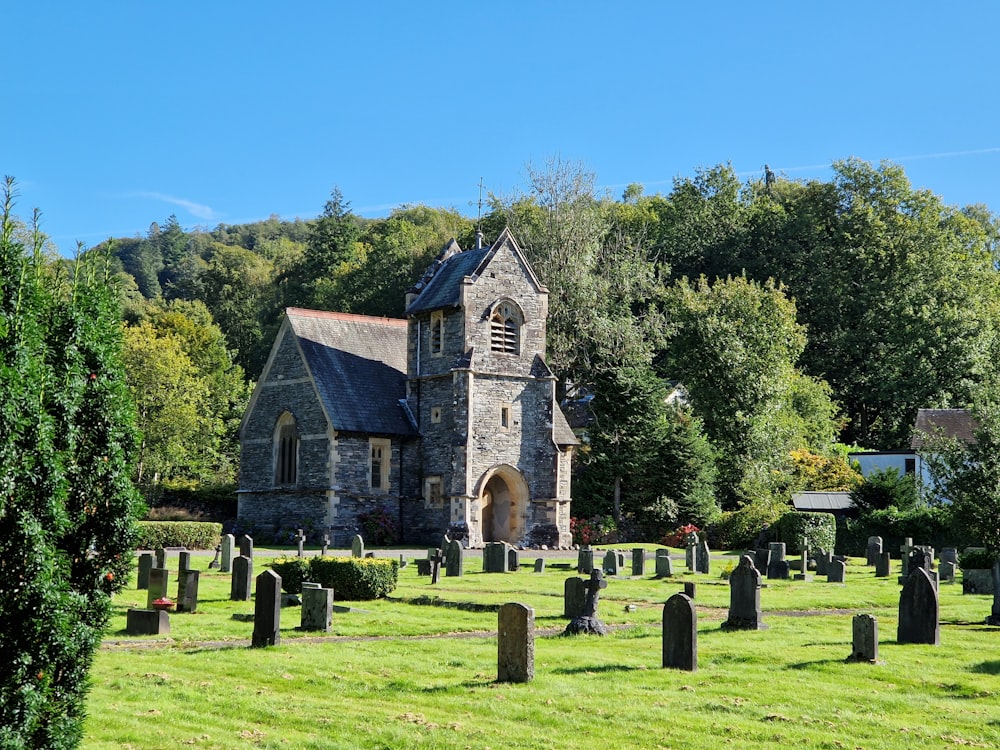 a cemetery with a church