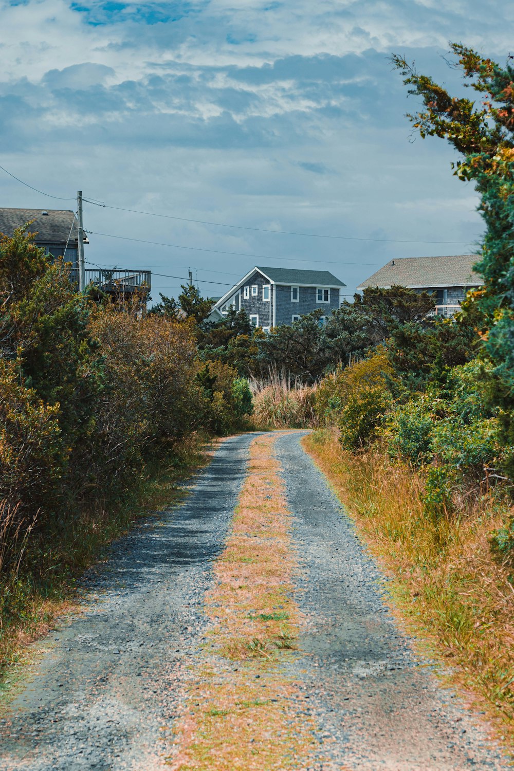 a dirt road with houses on either side of it