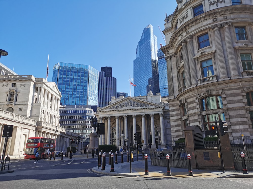 a city street with tall buildings