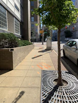 Tree grating made from FRP, surrounding a young tree on a city sidewalk withstanding pedestrian traffic.