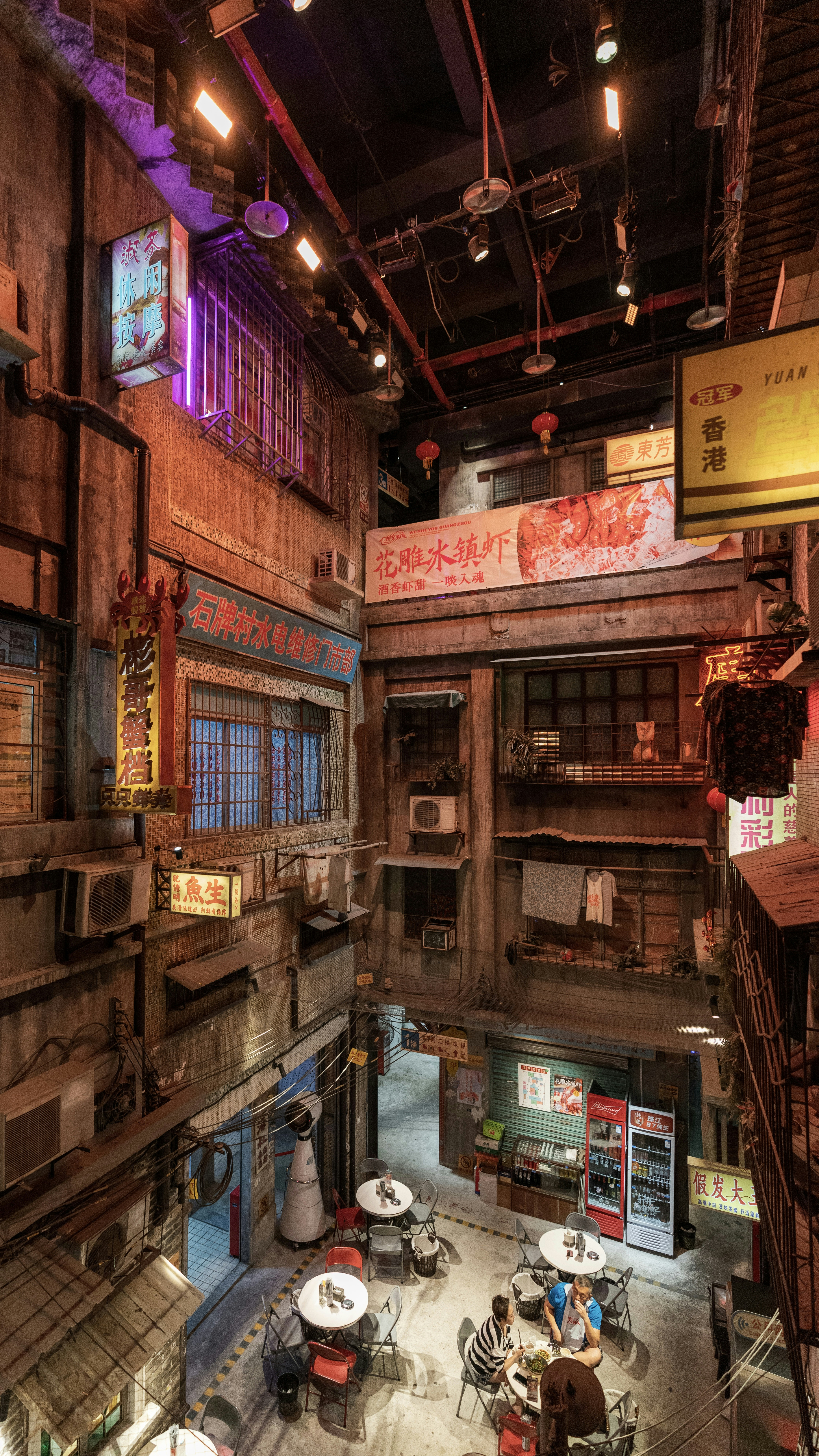 a room with many signs and chairs