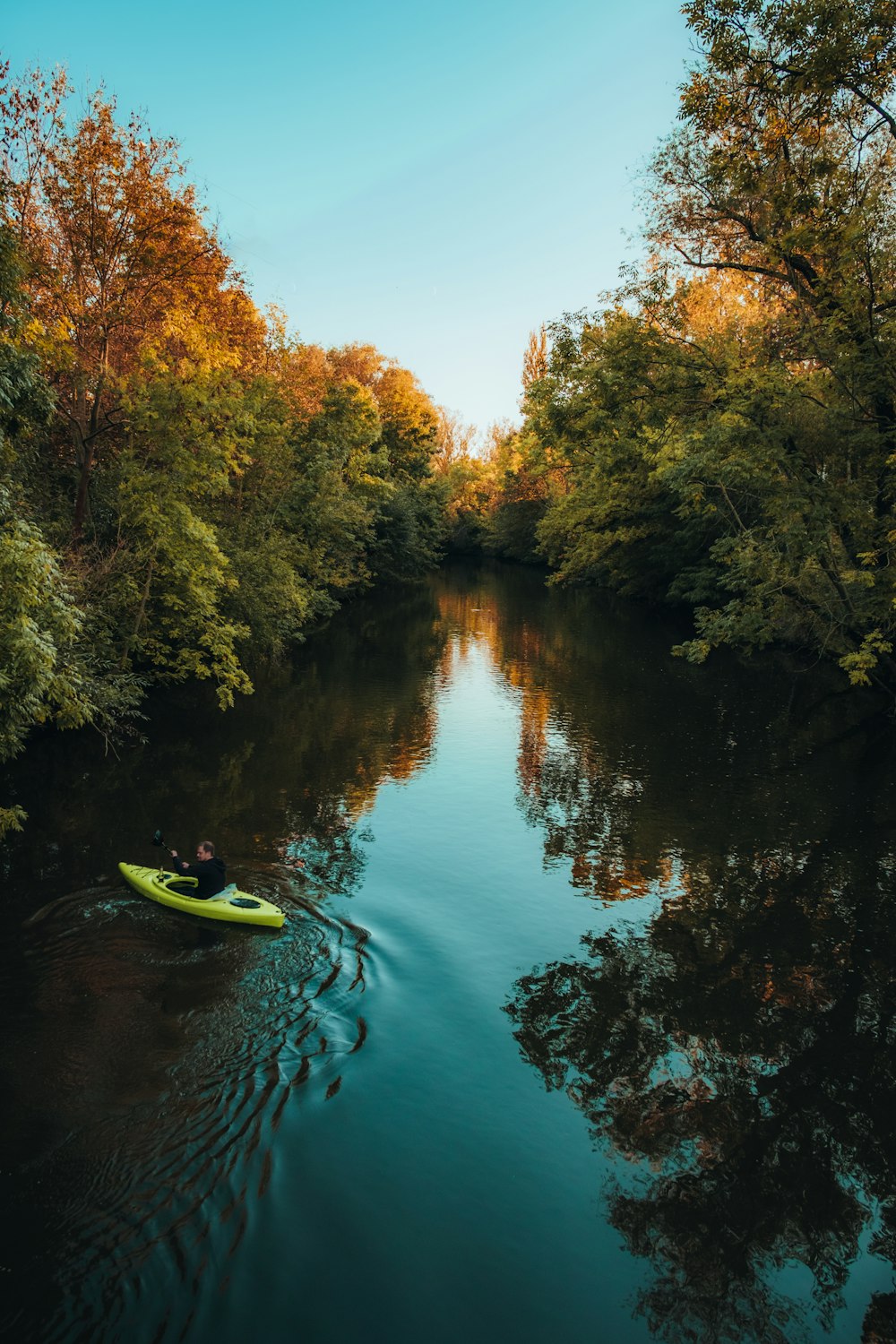 Eine Gruppe von Menschen in einem Kanu auf einem Fluss, umgeben von Bäumen
