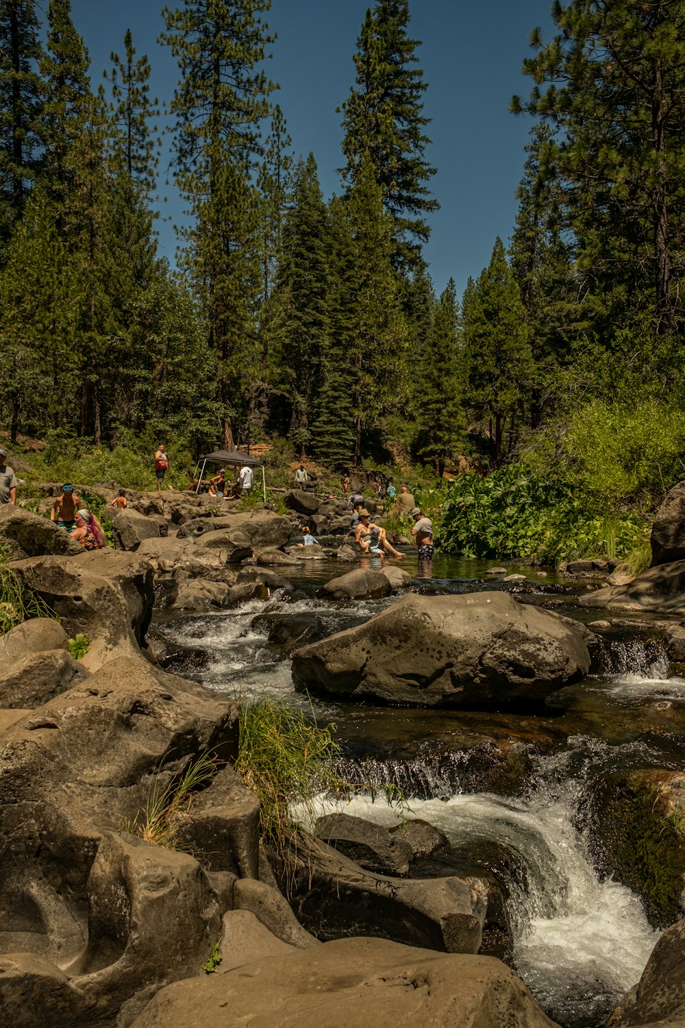 a group of people on rocks by a river