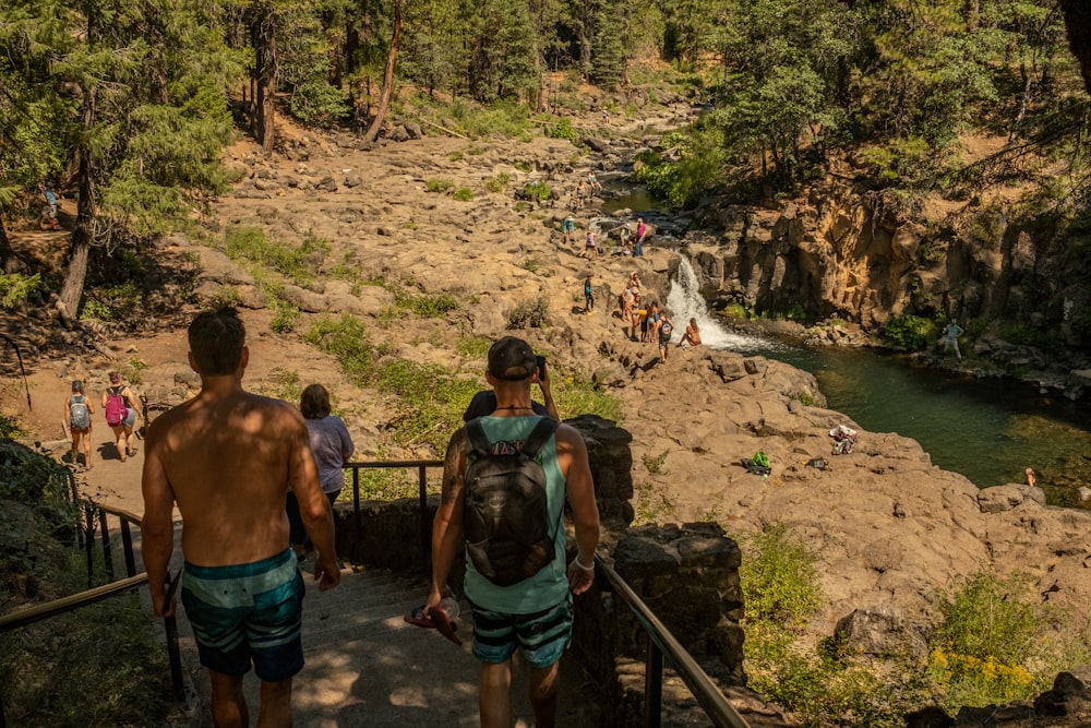 a group of people walking on a path near a waterfall