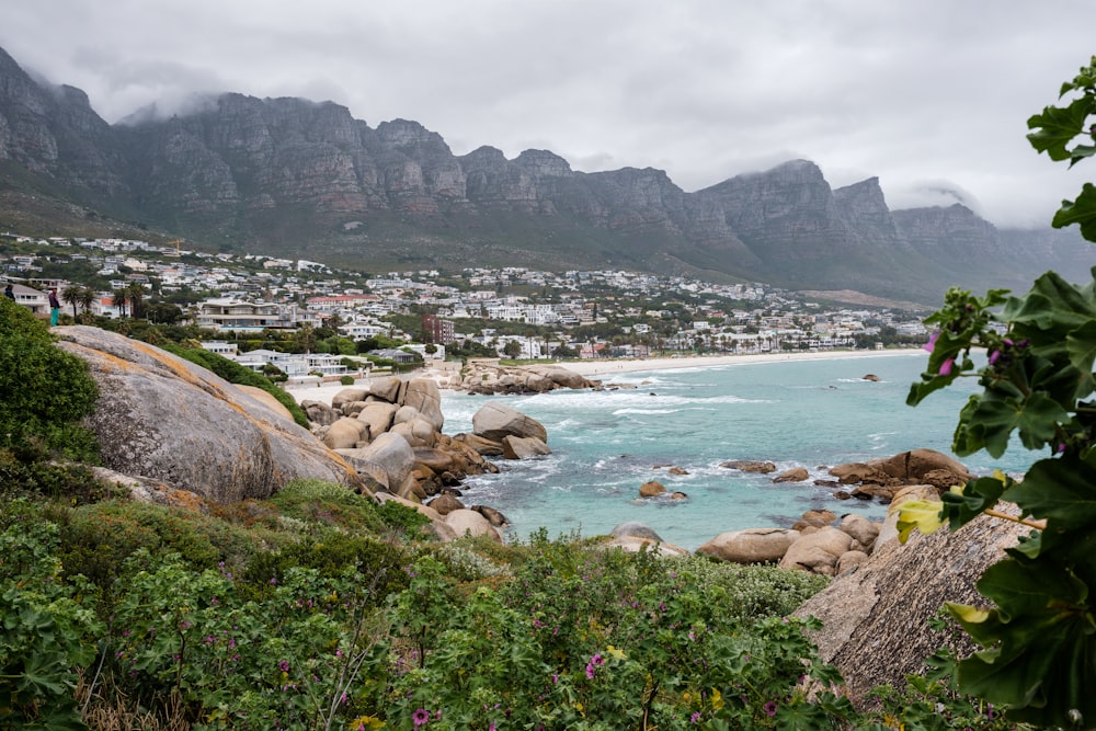 a body of water with rocks and a city in the background