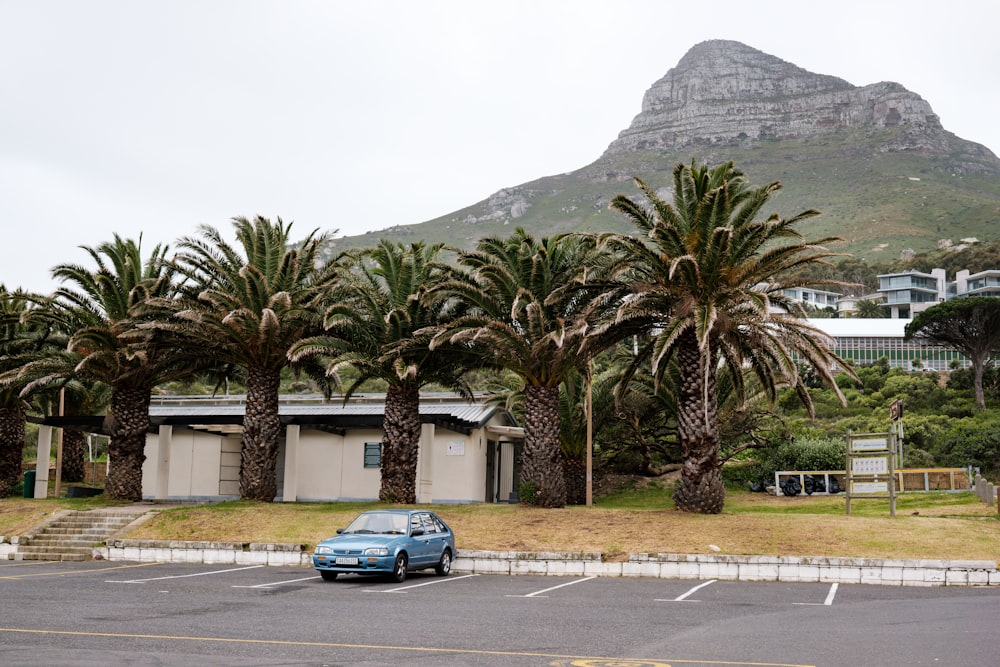 a blue car parked in front of a building with palm trees and a mountain in the background