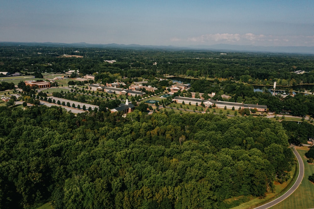 a town surrounded by trees