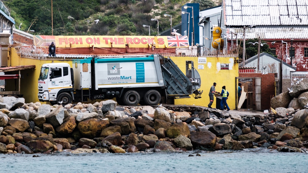 a truck parked on rocks