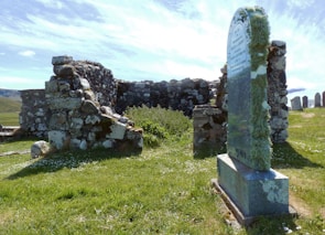 Before-and-after side-by-side photo of a moss-covered grave cleaned to reveal its original stone.