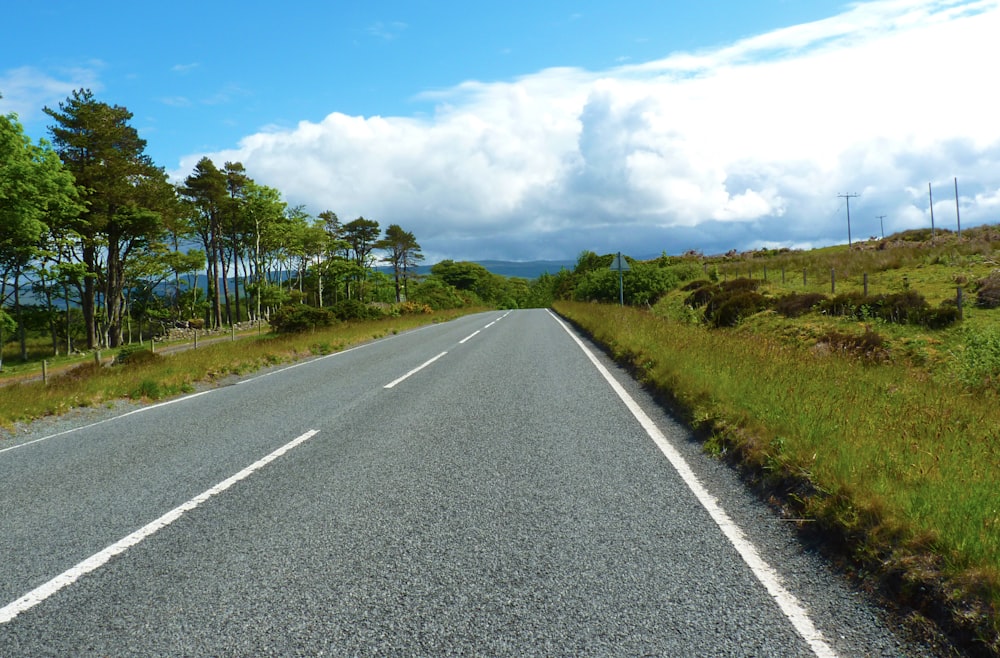 a road with grass and trees on the side