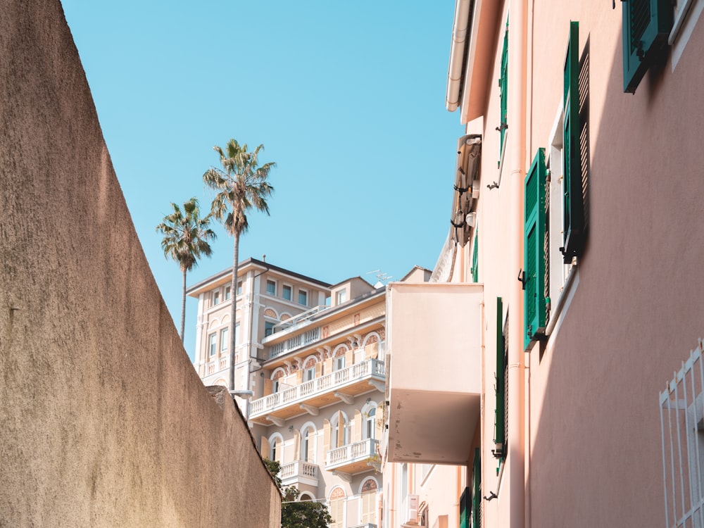 a row of buildings with palm trees