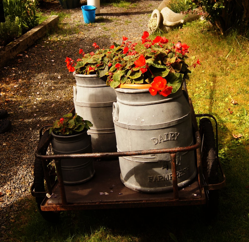 a group of flowers in a metal barrel on a wooden surface